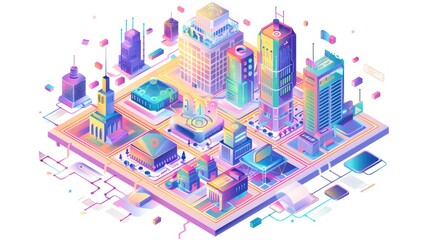 An illustration of a concept for a smart city in 3D. White background with flat isometric figures