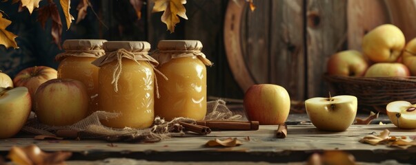 Making homemade apple sauce for National Apple Sauce Day, October 16th, applesauce jars and cinnamon sticks, 4K hyperrealistic photo.