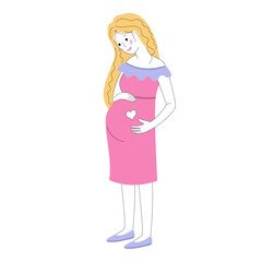 Happy pregnant woman holding her hands on her stomach.Isolated on white background.Vector stock illustration.