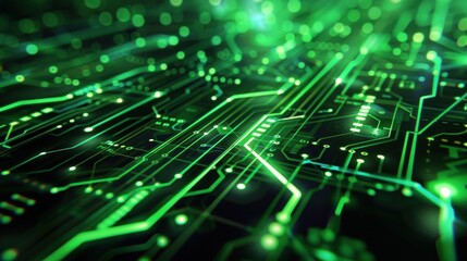 Obraz premium The lines and nodes of a digital circuit board are glowing green