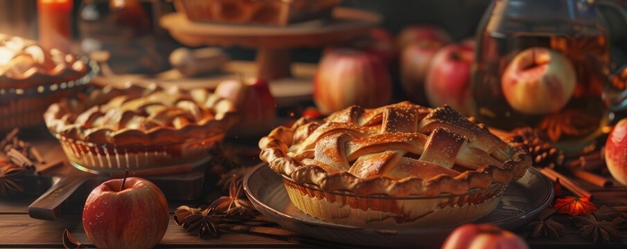 Family hosting a pie baking contest for National Apple Cider Day, November 18th, tasting delicious pies and apple cider, 4K hyperrealistic photo.