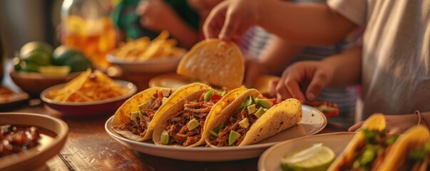 Family having a taco night for National Pulled Pork Day, October 12th, delicious tacos with pulled pork, 4K hyperrealistic photo.