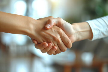 Handshakes close up. Two people shake hands. Agreement and cooperation concept.