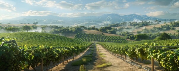 Scenic drive through a vineyard with rolling hills and grapevines, 4K hyperrealistic photo.