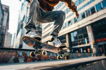 Skateboarder performing a trick in an urban skatepark with graffiti and city buildings in the background