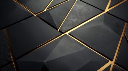 3D render of a modern background with abstract black and gold geometric shapes, featuring sharp angles and sleek surfaces, top view perspective