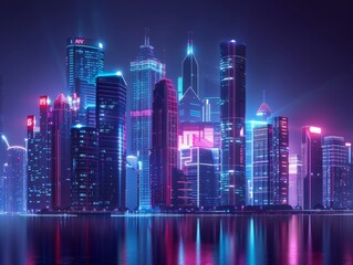 Fototapeta premium Futuristic financial district skyline, neon lights symbolizing business growth and innovation