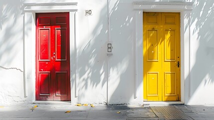 Red and yellow door side by side on white building facade basking in sunlight : Generative AI