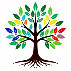 tree with roots and multicolored leaves vector art illustration