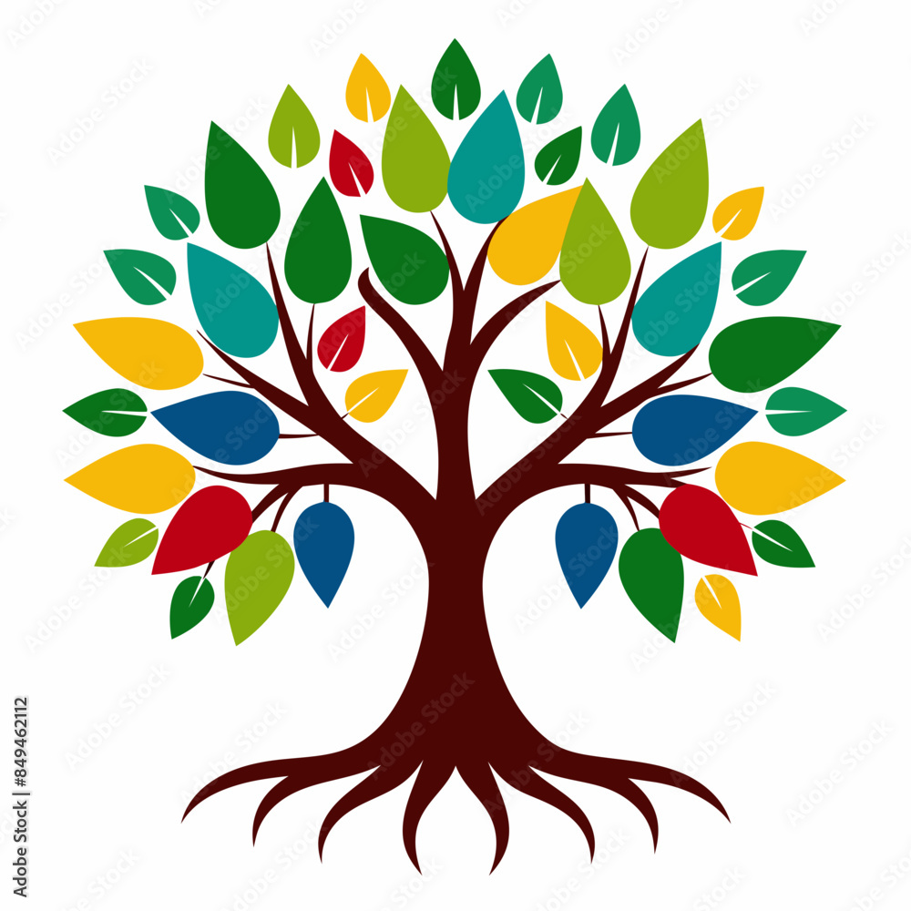 Poster tree with roots and multicolored leaves vector art illustration