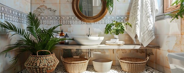 Bohemian bathroom with patterned tiles, woven baskets, and plants, 4K hyperrealistic photo