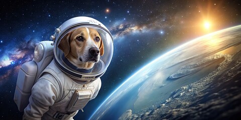 Dog dressed in an astronaut suit floating in outer space, dog, space, astronaut, suit, floating, outer space, stars
