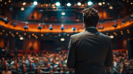 Businessman delivering a powerful speech in a crowded theater, viewed from behind, capturing the atmosphere of influence and public speaking