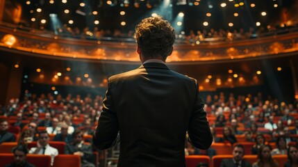 Fototapeta premium Businessman delivering a powerful speech in a crowded theater, viewed from behind, capturing the atmosphere of influence and public speaking