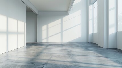 Fototapeta premium Clean minimalist room, white walls, natural lighting casting shadows, spacious and empty, ideal for commercial displays
