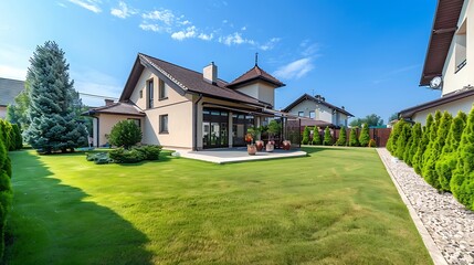 Elegant modern single family house with neat lawn and no fence Real estate concept European style...