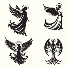 Set of Black and White Angel silhouettes vector illustration.