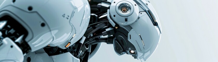 Close-up side view of a futuristic white robot head with detailed mechanical parts and a sleek design on a plain background.