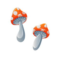 Fly agaric with red cap and white dots in cartoon. Mushroom design for Halloween holiday. Vector illustration isolated on a white background.