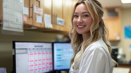 Smiling Caucasian female receptionist in her 20s at a clinic, managing an appointment calendar on her computer