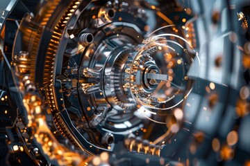 Detailed close-up of a futuristic mechanical component with intricate gears, showcasing advanced engineering and technology design.