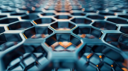 Fototapeta premium Close-up of a modern, geometric hexagon metal grid structure with a sleek design, highlighting industrial and architectural elements