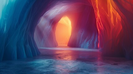 A cave with a blue and red tunnel