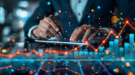 Double exposure of businessman working on digital table and smart phone with digital marketing virtual chart, Abstract icon, Business strategy. Generative AI Illustrations.