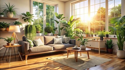 Relaxing living room with sofa and various houseplants bathed in morning sunshine, peaceful, cozy