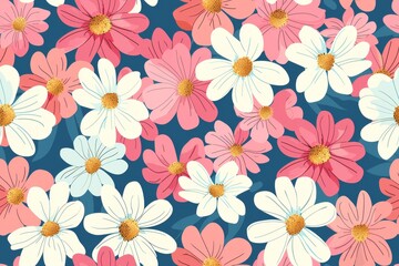 Fototapeta premium Floral Pattern with Pink and White Flowers on a Blue Background