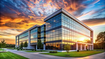 AI-generated stock photo of modern office building at sunset, artificial intelligence, generation, building, architecture