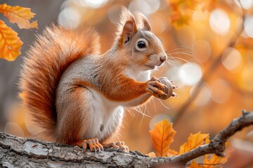 Fototapeta premium A bushy-tailed squirrel holding an acorn, sitting on a tree branch. The background shows autumn leaves in vibrant colors 