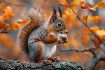 Fototapeta premium A bushy-tailed squirrel holding an acorn, sitting on a tree branch. The background shows autumn leaves in vibrant colors 