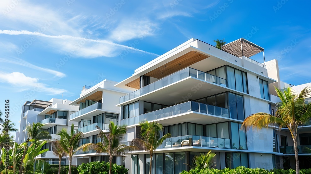 Poster modern apartment building or house with palm trees at miami view from road : generative ai