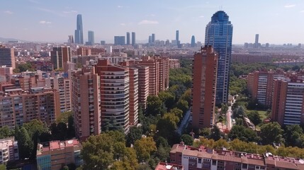 Obraz premium A captivating view of contemporary high-rise buildings in a cityscape, featuring a mix of modern skyscrapers and surrounding greenery under a clear blue sky.