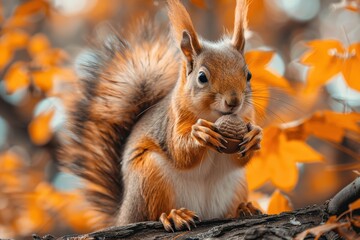 Fototapeta premium A bushy-tailed squirrel holding an acorn, sitting on a tree branch. The background shows autumn leaves in vibrant colors 