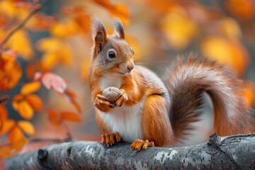 Obraz premium A bushy-tailed squirrel holding an acorn, sitting on a tree branch. The background shows autumn leaves in vibrant colors 