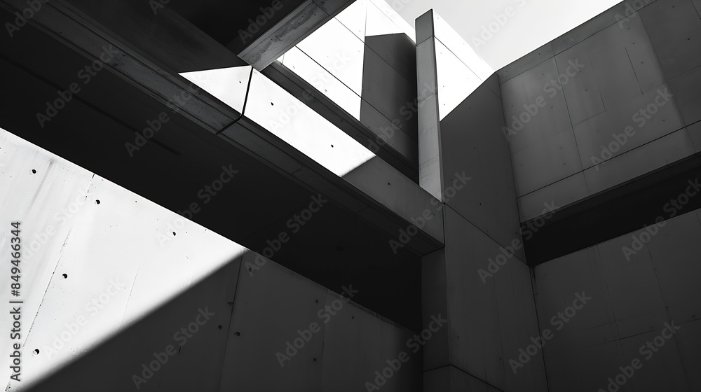 Aufkleber Modern house Building with Sunlight and Shadow on concrete wall surface in Perspective low angle view Geometric Architecture background in Minimal with Black and White style : Generative AI