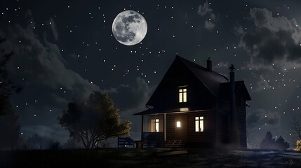 Fototapeta premium Full moon night by a beautiful house : Generative AI