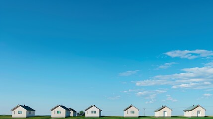 Perspective view of several small houses standing in row in rural environment against blue sky on sunny day : Generative AI