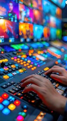 Close-up of hands operating a colorful control panel filled with buttons and screens, likely used for video production or broadcasting analytics.