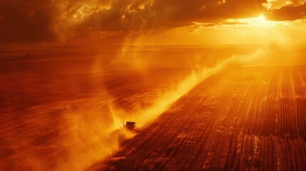A combine harvester unloads harvested soybeans in a field during sunset, creating a dramatic and vibrant scene filled with golden hues and dust trails.