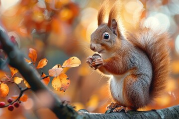 Fototapeta premium A bushy-tailed squirrel holding an acorn, sitting on a tree branch. The background shows autumn leaves in vibrant colors 