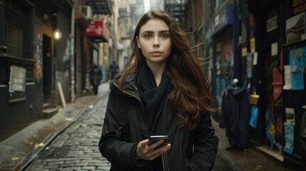 Obraz premium A young woman with long dark hair is focused on her smartphone while walking through a narrow, graffiti-covered alley. The scene has a cinematic, urban feel.