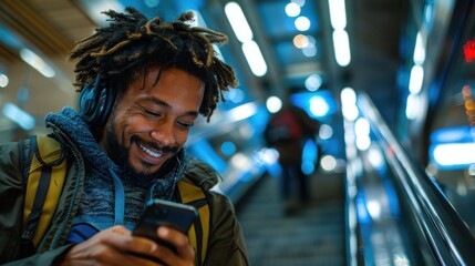 A stylish young man with dreadlocks and a backpack, smiling while listening to music on his smartphone. He is standing in an urban setting with bright lights and escalators in the background.