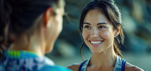 A smiling fitness instructor encourages a woman during a workout session. The background is blurred, highlighting the positivity and motivation in the interaction.