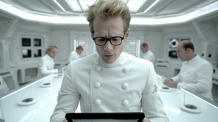 A tech-savvy professional wearing glasses and a white uniform is intently using a digital tablet in a high-tech, futuristic laboratory surrounded by colleagues.