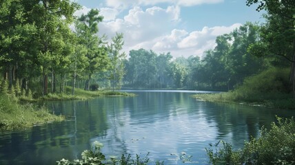 Fototapeta premium A crystal-clear lake with lush forest surroundings. The pristine water reflects the tranquility of nature.