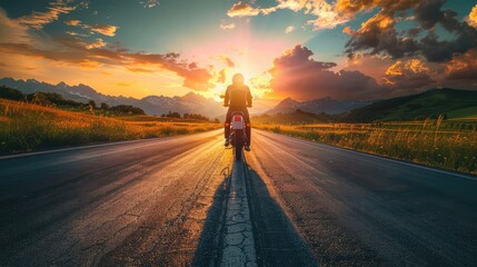 Biker riding with a bright sunset. AI generated.