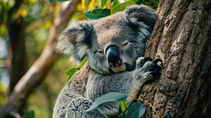 Obraz premium Koala sleeping on a tree. AI generated.